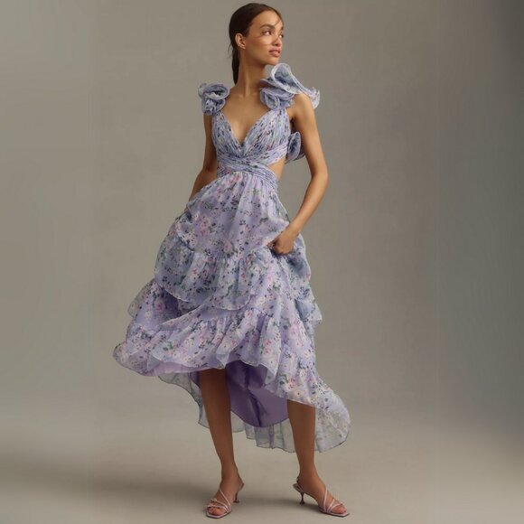 Mac Duggal 56049 Size 6 Light Purple Floral Tiered Ruffle Shoulder Midi Dress - Picture 2 of 9